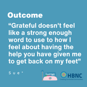 Outcome: "Grateful doesn't feel like a strong enough word to use to how I feel about having the help you have given me to get back on my feet."