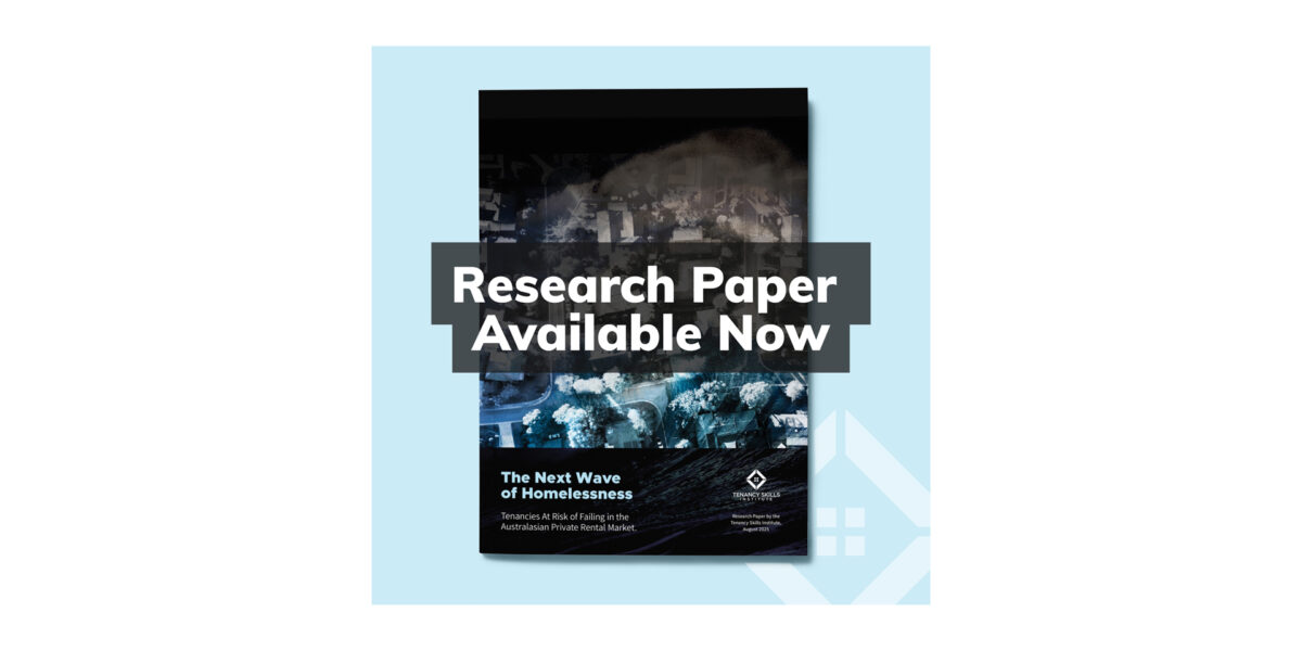 Report front cover with 'Research Paper Available Now' text across the cover against light blue background with Tenancy Skills Institute white logo in the background.